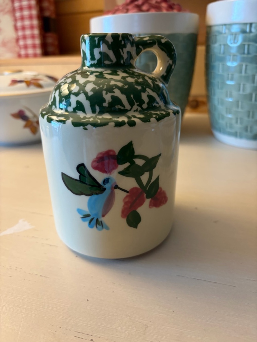 Roseville Pottery Hand-Painted Ceramic Mini Jug Hummingbird Motif Green & Pink